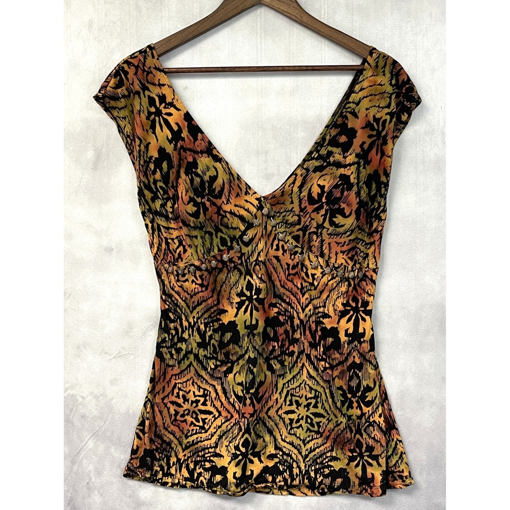 Santiki Women Batik Print Top Size L Beaded Stretch Flowy Boho Indie Hippie Folk